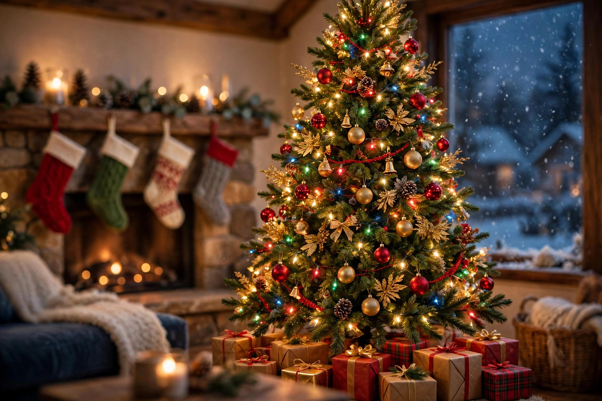 A decorated Christmas tree with glowing lights, red and gold ornaments, stockings on the mantel, presents underneath, and snow falling outside the window